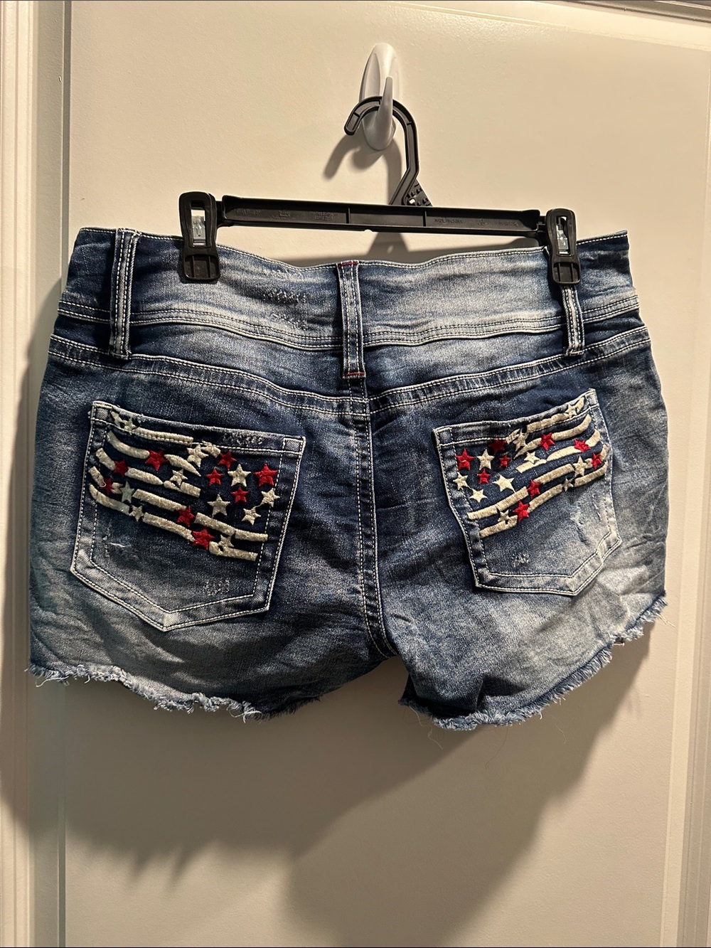 Flamingoals Women's Distressed Blue Denim Jean Shorts with Patriotic Accents - Picture 2 of 2